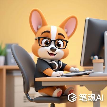 橙色柯基戴眼镜在电脑前工作卡通风格