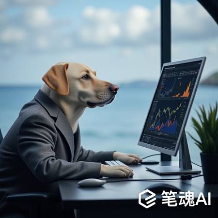 金毛犬穿西装炒股电脑前海景窗外