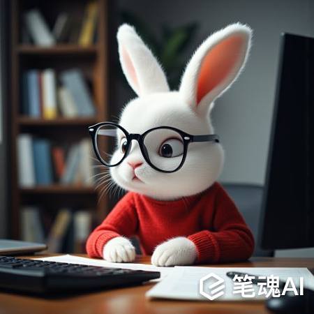 白色兔子戴黑框眼镜穿红毛衣工作电脑前