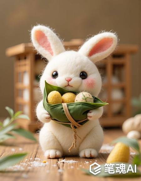 白色兔子抱着绿色叶子上的黄色食物木桌背景温馨可爱