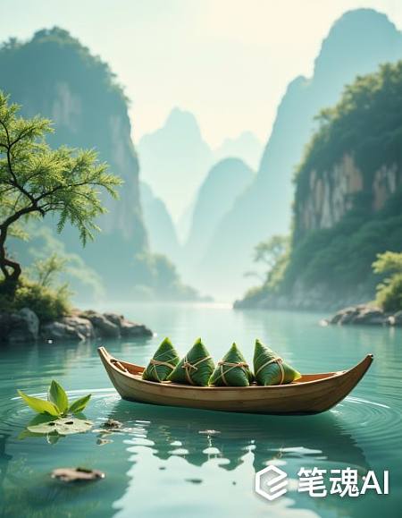 青翠竹叶点缀碧绿湖水宁静山水画风