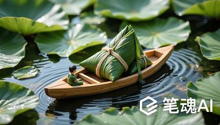 绿色荷叶碧水竹舟粽子人影和谐宁静