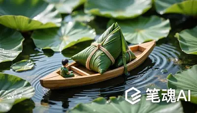 绿色荷叶碧水竹舟粽子人影和谐宁静