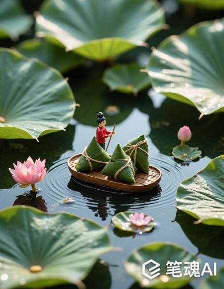 粉色莲花绿色荷叶竹筏端午节主题宁静自然风