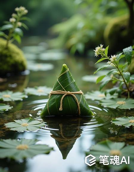绿色粽子漂浮在清澈湖面上宁静自然风格