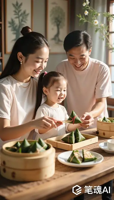 温馨家庭包粽子绿色竹篮白色盘子木质餐桌