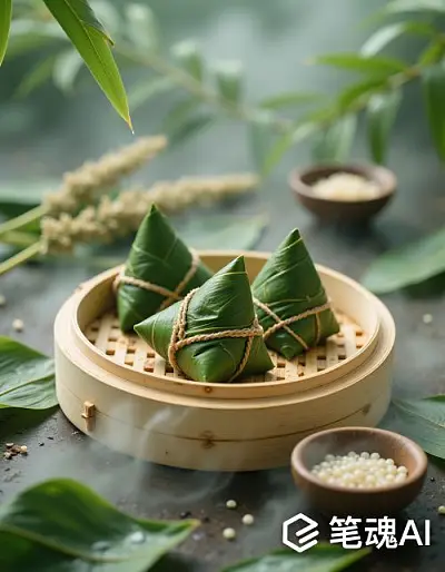 绿色粽子竹叶蒸笼烟雾缭绕自然风格