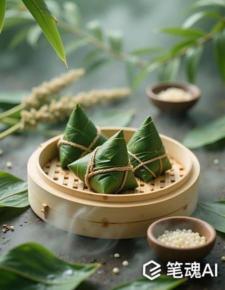 绿色粽子竹叶蒸笼烟雾缭绕自然风格