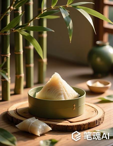 绿色竹叶点缀白色粽子木盘上阳光洒落自然清新