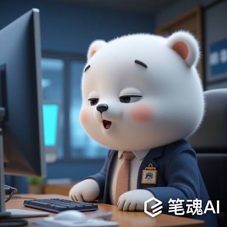 白色熊戴领带坐电脑前微笑蓝色背景办公室风格