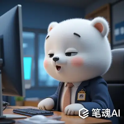 白色熊戴领带坐电脑前微笑蓝色背景办公室风格