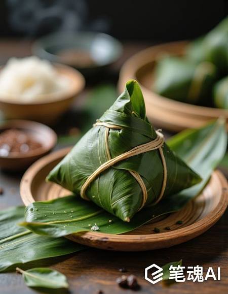 绿色粽叶包裹的粽子放在木盘上棕色背景简约风格