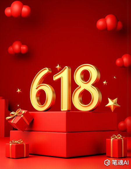 红色背景金色618数字礼物盒节日促销活动