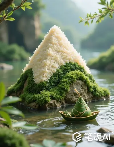 绿色小船载着粽子在水上漂浮着