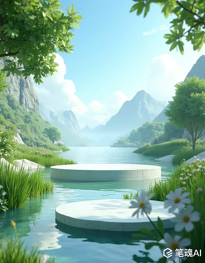 翠绿山湖白石台清新自然风格