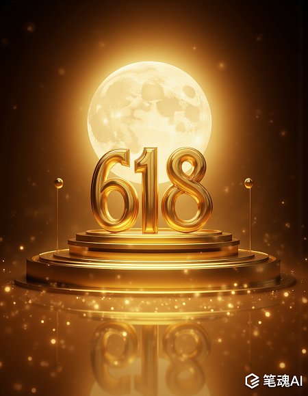 金色618数字闪耀在月球背景下的华丽舞台