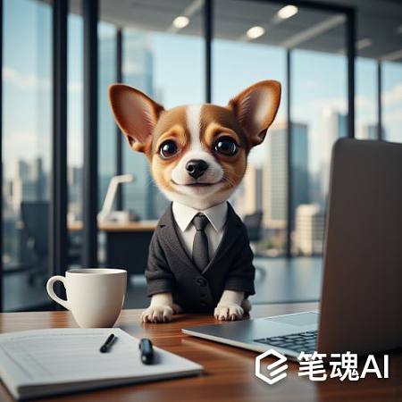 棕色小狗穿西装打领带坐在办公桌前笔记本电脑旁