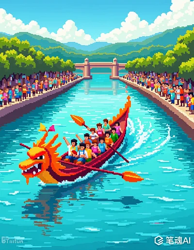 彩色龙舟赛热闹非凡像素风