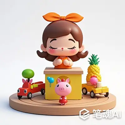 橙色蝴蝶结小女孩与粉色小猪玩具车黄色菠萝风格可爱