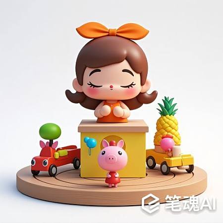 橙色蝴蝶结小女孩与粉色小猪玩具车黄色菠萝风格可爱