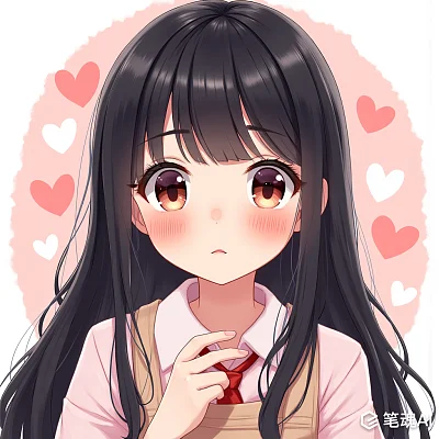 粉色背景爱心环绕黑发女孩可爱风格