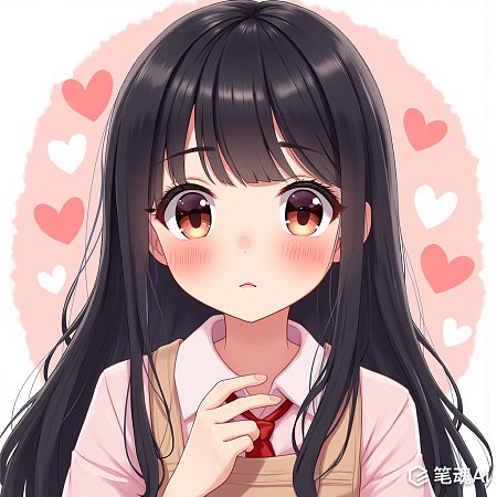 粉色背景爱心环绕黑发女孩可爱风格