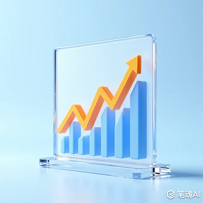 透明玻璃框内蓝色柱状图橙色箭头向上攀升现代风格