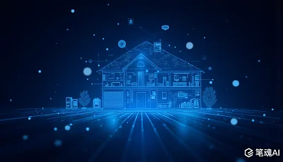 蓝色光晕中的未来智能家居建筑风格