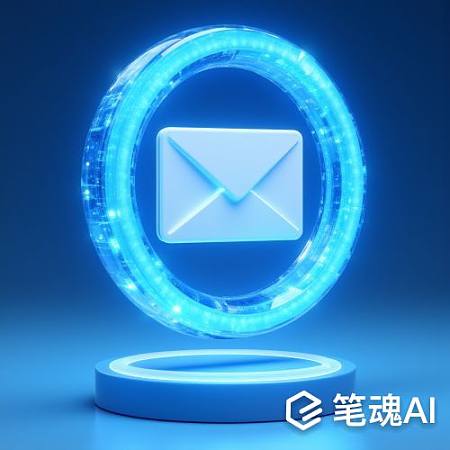 蓝色光圈环绕白色信封悬浮于蓝色背景之上现代风格