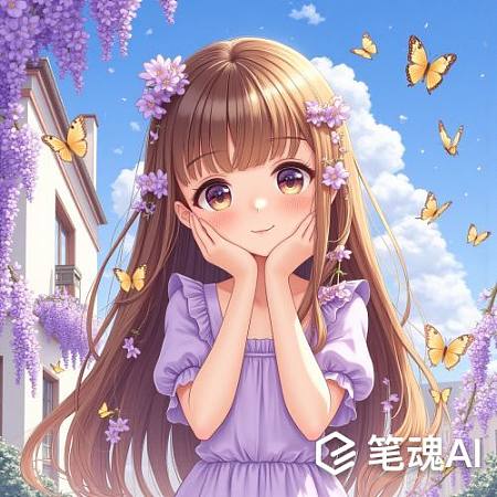 紫色连衣裙女孩在花丛中微笑动漫风格