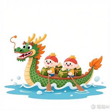 绿色龙舟上两个小孩划桨庆祝端午节节日气氛浓厚卡通风格