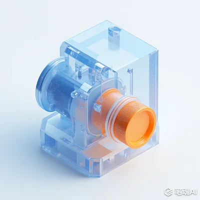 透明塑料外壳内藏蓝色橙色机械装置现代风格
