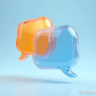 橙色和蓝色透明对话框漂浮在浅蓝色背景上现代风格