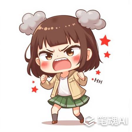 生气的女孩穿着绿色裙子和米色外套卡通风格