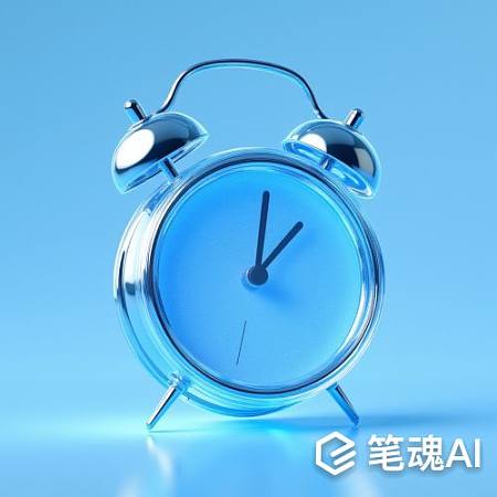 蓝色透明闹钟在浅蓝背景中静止显示时间