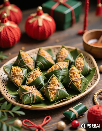绿色粽叶黄色糯米红色装饰节日气氛浓厚