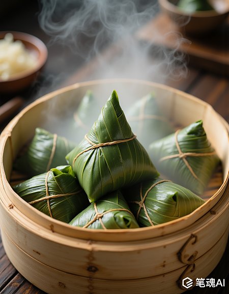 绿色粽叶包裹的粽子在蒸笼中散发热气古朴自然