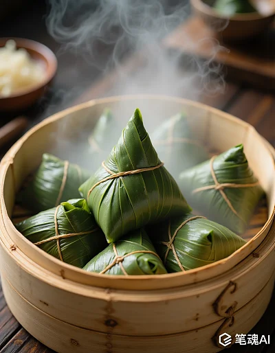 绿色粽叶包裹的粽子在蒸笼中散发热气古朴自然