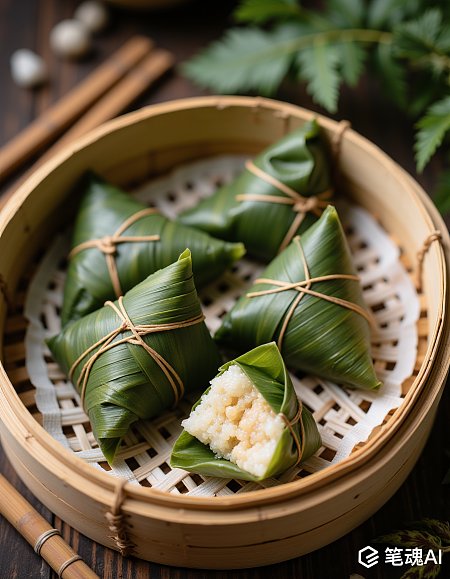 绿色粽叶包裹的糯米粽子蒸笼中呈现传统美食风格