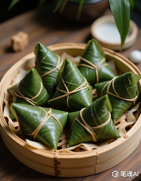 绿色粽子竹篮中蒸笼里摆放着传统美食风格