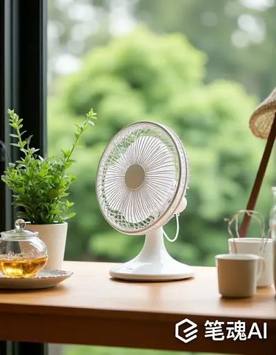 白色风扇绿色植物木桌清新自然风格