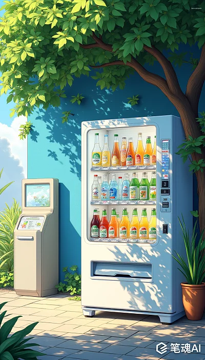 蓝墙绿树下阳光洒落的自动售货机充满夏日色彩