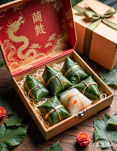 金色龙纹红色礼盒内装绿色粽叶包裹的粽子和透明果冻风格独特