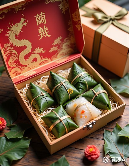 金色龙纹红色礼盒内装绿色粽叶包裹的粽子和透明果冻风格独特