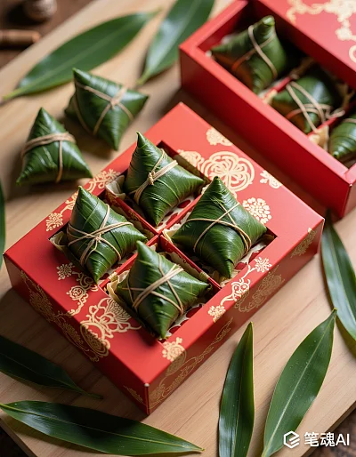 红色礼盒装粽子绿色竹叶点缀传统节日风味