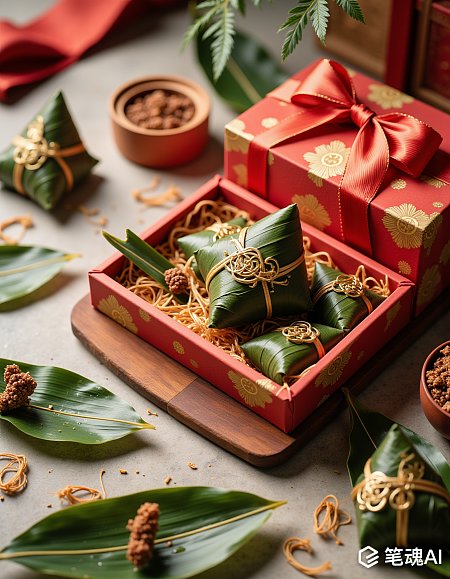 红色礼盒装粽子绿色叶子点缀节日气氛