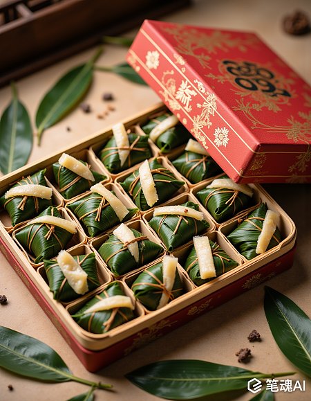 红色礼盒装着绿色粽子的节日美食展示