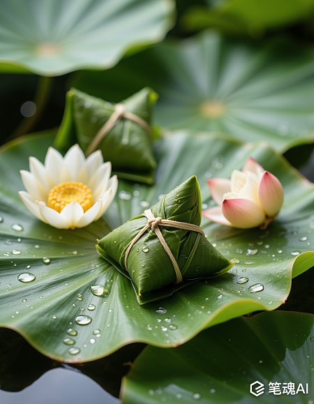 绿色荷叶上白色莲花与粽子相映成趣自然清新
