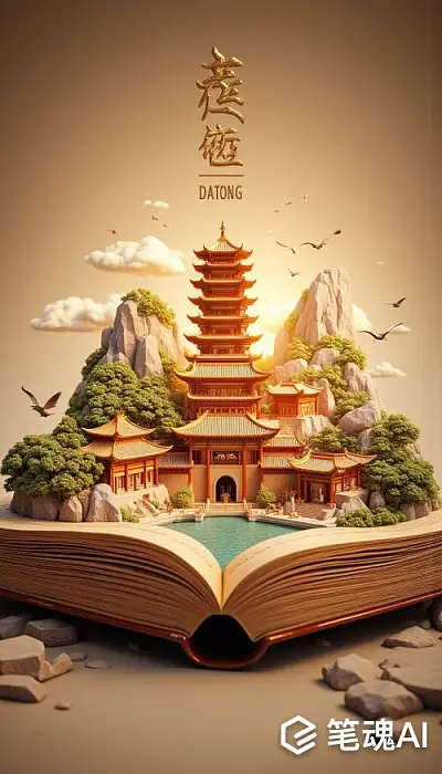 古色古香的中国建筑在打开的书本中呈现