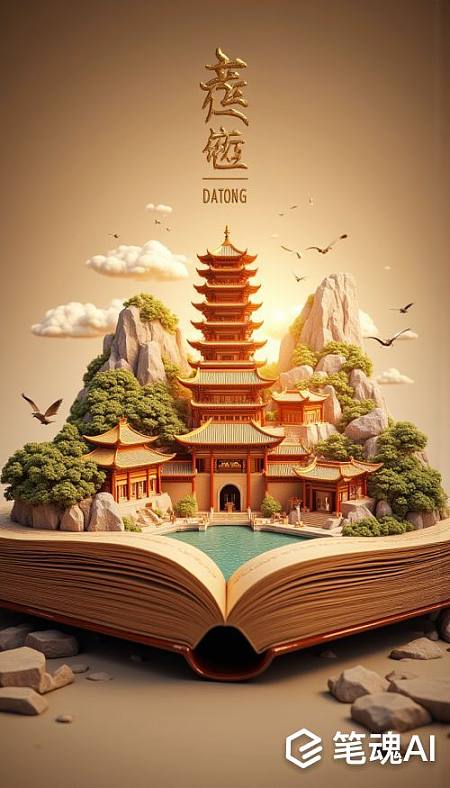 古色古香的中国建筑在打开的书本中呈现